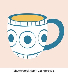 Concept Modern cup mug jar. This illustration features a flat vector design concept of a modern white cup with blue geometric figures. Vector illustration.