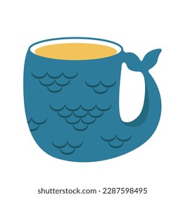 Concept Modern cup mug jar. This illustration showcases a flat vector design concept of a modern blue cup with a fish shape on a white background. Vector illustration.