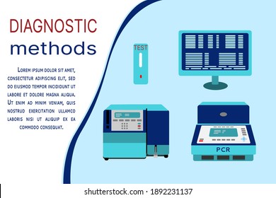 Concept of modern diagnostics of diseases. Laboratory equipment: PSR machine, Cytometer, express test, computer. Vector flat illustration