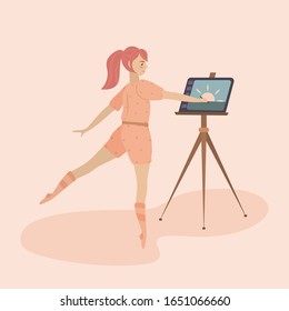 Concept of modern digital art. Freelancer girl in home clothes draws on graphics tablet in pose of ballerina. Vector illustration