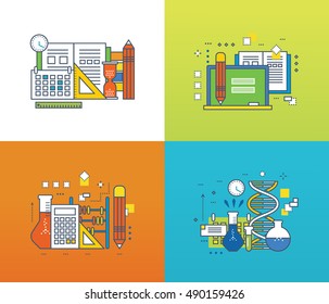 Concept of modern education and discipline, scientific research and experiments, online courses. Color Line icons collection. Vector design for website, banner.