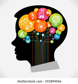 The concept of modern education.  Infographic Template with silhouette child head, abstract brain, science and education icons The generation of knowledge. File is saved in AI10 EPS version. 