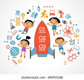 The concept of modern education. Template with child surrounded by science and education icons. The generation of knowledge. File is saved in 10 EPS version.