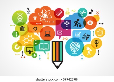 The concept of modern education. Template with Pencil surrounded by science and education icons in brightly colored circled. The generation of knowledge. File is saved in 10 EPS version.