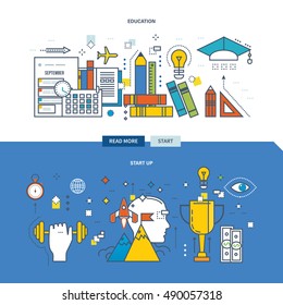 Concept of modern education, training, start up and launch of the project in effect. Color Line icons collection. Vector design for website, banner, printed materials and mobile app.