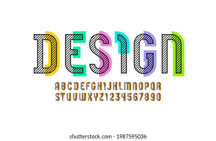 Concept modern font, urban trendy alphabet, stylish letters and numbers made of black lines and colored pieces, vector illustration 10EPS