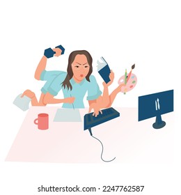 The concept of a modern girl. A woman who combines work, study, household chores, family, sports and hobbies.  Vector illustration isolated on white background.