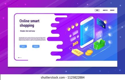 Concept of a modern graphic vector banner, for web design online store and application. E-commerce. Isometry and 3d design. Shopping cart wiht purchases and goods.