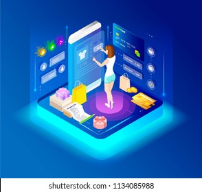 Concept of a modern graphic vector banner, for web design online store and application. E-commerce. Isometry and 3d design. Shopping cart wiht purchases and goods.