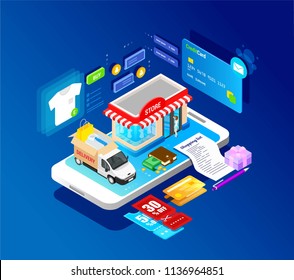 Concept of a modern graphic vector banner, for web design online store and application. E-commerce. Isometry and 3d design. Shopping cart wiht purchases and goods . Shop model, building, car delivery.