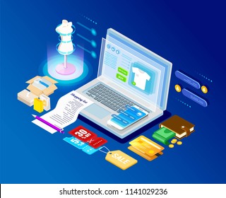 Concept of a modern graphic vector banner, for web design online store and application. E-commerce. Isometry and 3d design. Shopping, purchases and goods.