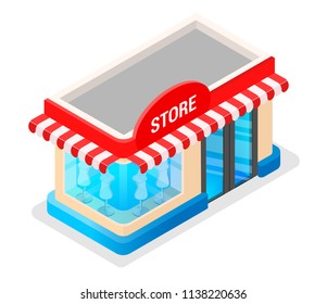 Concept of a modern graphic vector trade building for web design online store, application and other of your project. Shop construction. Isometry and 3d design. Store model with purchases and goods.