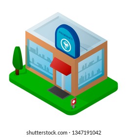 Concept of a modern graphic vector trade building for web design online store, app and other of your project. Isometric store icon. Pretty nice city isometric buildings isolated. isometric shops.