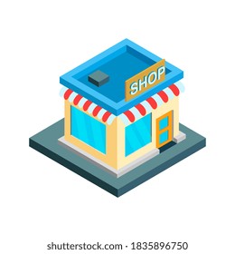 Concept of a modern graphic vector trade building for web design online store, application and other of your project. Shop construction. Isometry and 3d design. Store model with purchases and goods.