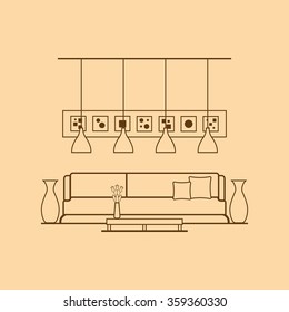 Concept of modern hall with utensils, furniture and interior decor. Design made of thin line. Linear flat style. Perfect for website banners and promotional materials.