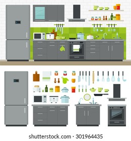 Concept of modern kitchen. Flat horizontal banners with kitchen utensils, electric cooker, refrigerator, kitchen furniture, washing, interior. Cartoon style for web, analytics, graphic design