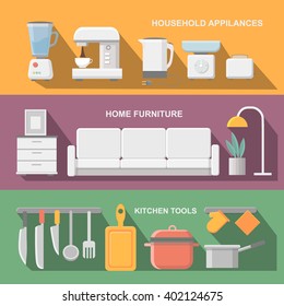 Concept of modern kitchen. Flat horizontal banners with kitchen utensils, electric cooker, refrigerator, kitchen furniture, washing, interior. 
