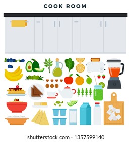 Concept of modern kitchen. Working area of the kitchen, some food and utensils for cooking process. Kitchen furniture and collection of products for food preparation. Vector illustration.