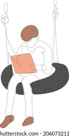 Konzept der modernen Linie Kunst Vektorgrafik von jungen Mann sitzen auf dem Schaukel und Lesen oder Arbeiten auf seinem Tab. Die Illustration eignet sich für Magazin, Hintergrund oder Logo.