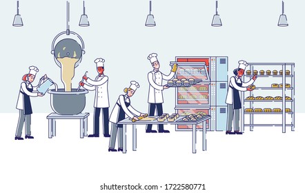 Konzept des modernen Herstellungsprozesses in der Bäckerei. Menschen, die Teig kneten, Croissants machen, Brot und Cupcakes und es zu backen. Cartoon Linear Outline Flat Style. Vektorgrafik