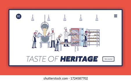 Concept Of Modern Manufacturing Process In Bakery. Website Landing Page. People Kneading Dough, Make Croissants, Bread And Cupcakes. Web Page Cartoon Linear Outline Flat Style. Vector Illustration