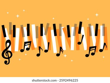 Concept modern music, piano concert, party, jazz session. Jazz music festival, poster background template. Music piano keyboard. Can be used as poster element or icon. Flying piano keys and notes