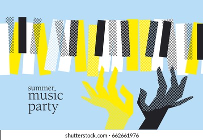 ilustración vectorial de póster de música moderna conceptual. Diseño impreso y web para conciertos de piano de verano, fiesta, sesión de jazz en memphis estilo post-modernista.
