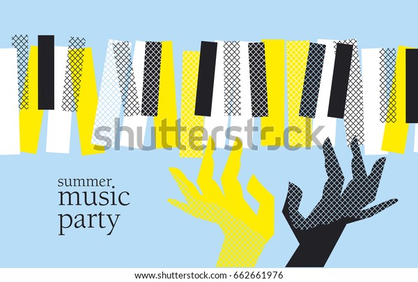 現代の音楽ポスターのベクターイラストをコンセプトにします 夏のピアノ コンサート パーティー ジャズセッション用のプリントとウェブデザインテンプレート メンフィスポストモデニストスタイル のベクター画像素材 ロイヤリティ フリー