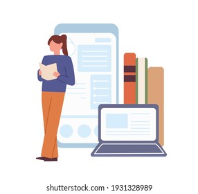 Concept of modern online education. Student studying online and reading books. Woman learning with laptop and mobile phone. Colored flat vector illustration isolated on white background