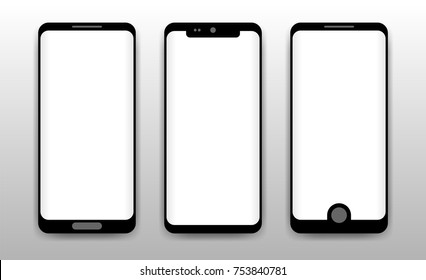 Concept of modern phones with empty screens, realistic mobile templates on transparent background. High quality vector illustration.