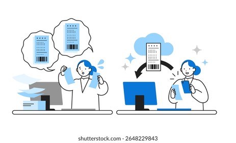 Concept: modern, smart, transformative. Cartoon character heads of People driving digital change. Close-up illustrations of Receipt Scan Automation. Vector illustration.