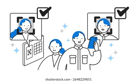 Concept: modern, smart, transformative. Cartoon character heads of People driving digital change. Close-up illustrations of Face ID Clock-In. Vector illustration.