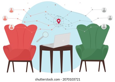 concept of modern technologies at home. Different location combines Internet, laptop, search, online communication, dating, meeting. Cozy vector illustration in a flat style.
