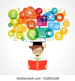 Concept of modern training. Child's head surrounded by science and education icons in brightly colored circle. online learning

