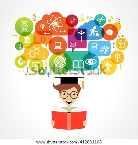 Concept of modern training. Child's head surrounded by science and education icons in brightly colored circle. online learning

