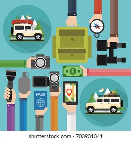 Concept modern travel flat design, holiday with two jeep .Vector illustration