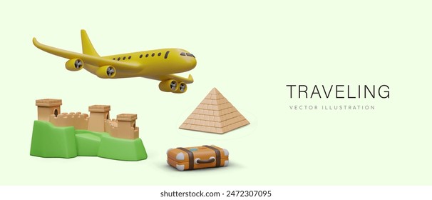 Concept of modern traveling. Realistic airplane, suitcase, pyramid, Great Wall of China