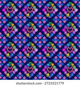 Concept: Modern Tribal Bloom The concept of this design is a celebration of nature through the lens of traditional folk art and modern geometry. It features a rhythmic arrangement of diamond-shaped floral wreaths, where each "wreath" is composed of stylized, multi-colored flowers surrounding a heart-like central motif. These organic clusters are balanced by rigid, smaller diamond tiles filled with pink and blue lightning-bolt patterns. The composition symbolizes a harmonious blend of natural beauty and human-made structure, creating a high-energy visual that feels both ancestral and contemporary.
Theme: Bold Maximalist Folk and Ethnic Fusion The theme is Vibrant Maximalism with an Ethnic Twist. Utilizing a high-contrast palette of deep navy blue, neon pink, azure, and sunny yellow, the design evokes the spirit of global festivities and artisanal craftsmanship. This "more is more" aesthetic is perfectly suited for statement fashion textiles, bohemian home decor, colorful stationery, festive gift packaging, and branding projects that aim to project a sense of joy, cultural richness, and daring creativity.