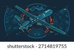 concept of modern warfare technology or aerospace engineering, graphic of military drone with topographic map and wireframe texture elements as interface