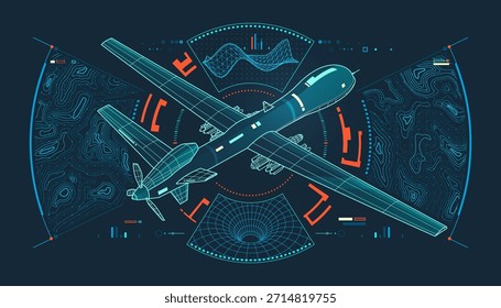 Concepto de tecnología de guerra moderna o ingeniería aeroespacial, gráfico de dron militar con mapa topográfico y Elementos de textura de estructura de alambre como interfaz