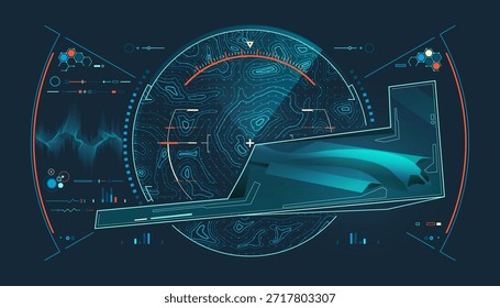 Konzept der modernen Kriegstechnik oder Luft- und Raumfahrttechnik, Grafik von Militärflugzeugen mit Stealth-Technologie und futuristischen Radarelementen als Schnittstelle