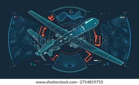 concept of modern warfare technology or aerospace engineering, graphic of military drone with topographic map and wireframe texture elements as interface
