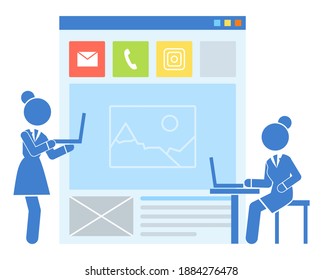 Concept of modern website with social network. Two business women using laptops standing and sitting at table, using site. Email button, phone icon, illustration, text block. Design of webpage