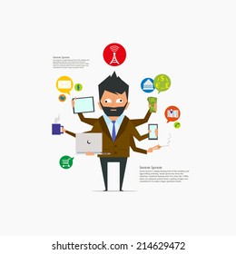 the concept of the modern world. modern businessman makes a lot of things at once.management concept.social network icon - vector illustration.