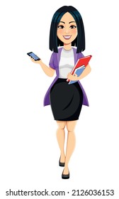 Concept of modern young Asian business woman. Cartoon character businesswoman holding smartphone