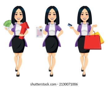 Concept of modern young Asian business woman. Cartoon character businesswoman, set of three poses
