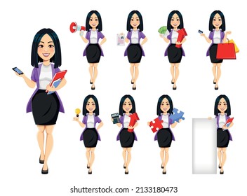 Concept Of Modern Young Asian Business Woman. Cartoon Character Businesswoman, Set Of Nine Poses