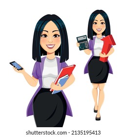 Concept of modern young Asian business woman. Cartoon character businesswoman, set of two poses