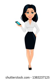 Concept of modern young business woman. Cartoon character businesswoman holds modern smartphone. Vector illustration on white background