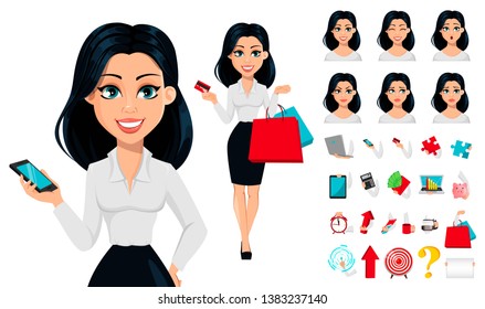 Concept of modern young business woman, pack of body parts, emotions and things. Cartoon character businesswoman. Make your personal design. Vector illustration